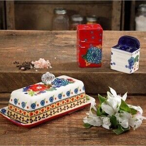 The Pioneer Woman Dazzling Dahlias 4-Piece Butter Dish and Salt & Pepper Set